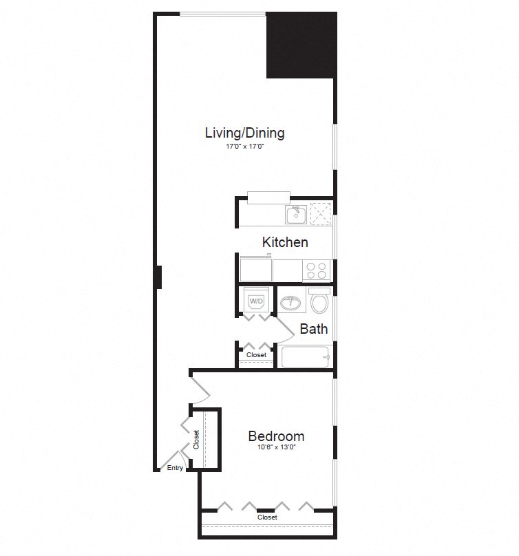 Floor plan for 1 bed, 1 bath, 804 sqft